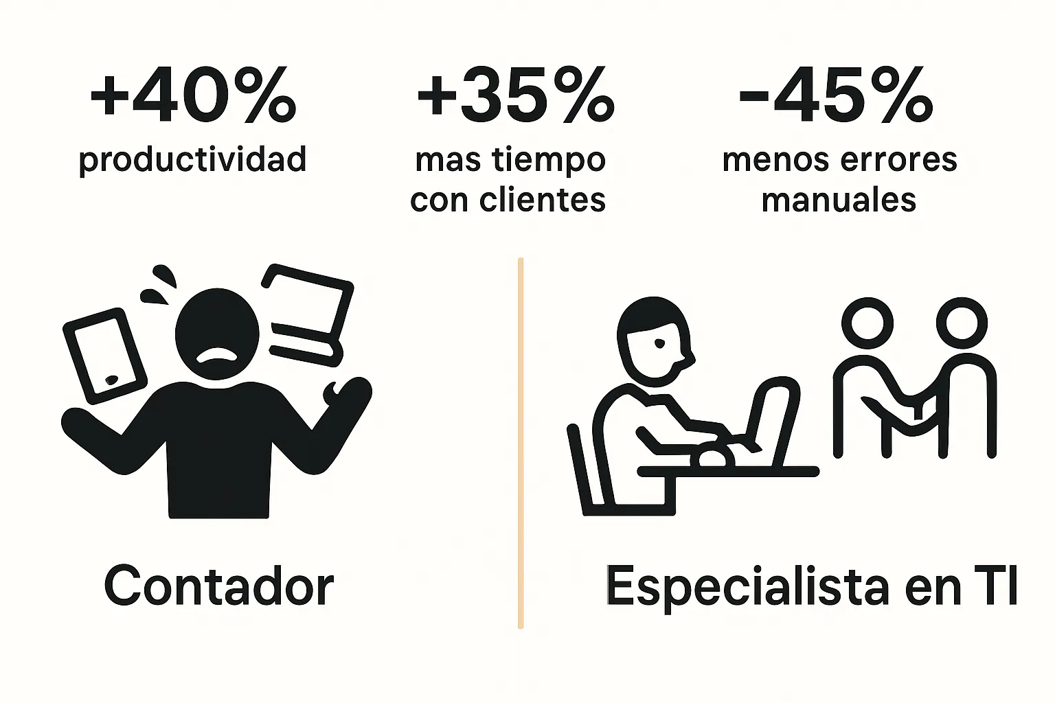 Comparación visual del despacho contable antes y después de delegar la gestión IT con tres datos clave